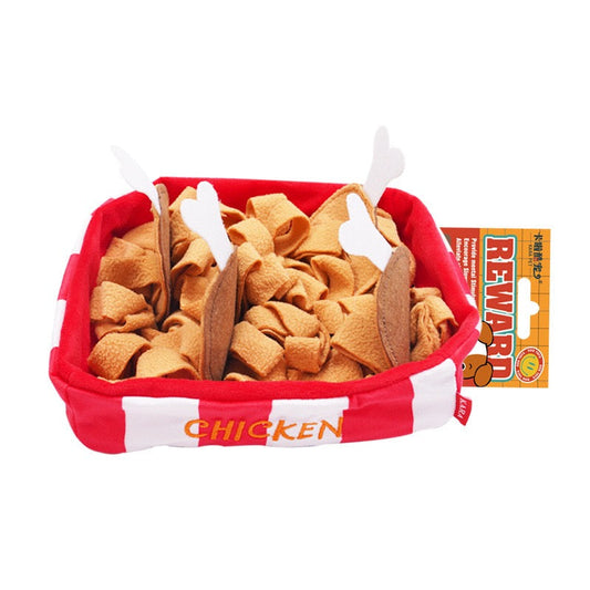 Red and white container filled with chicken-flavored treats on a white background