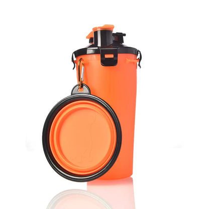 Orange pet water bottle with a detachable bowl on a white background