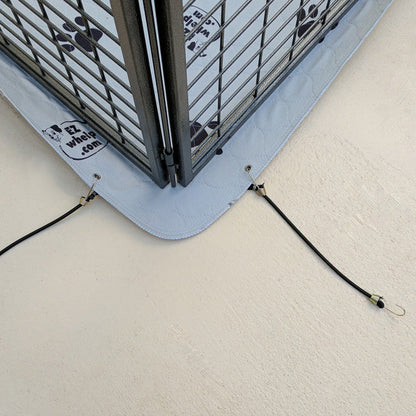 Pet gate with a mat on a carpeted floor, featuring the brand 'Zee.Dog'.