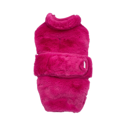 Pink fluffy pet coat on a white background