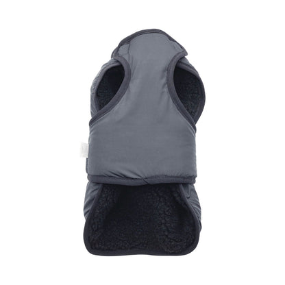 Gray dog vest with black interior on a white background