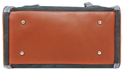 Brown leather briefcase with gray accents on a white background
