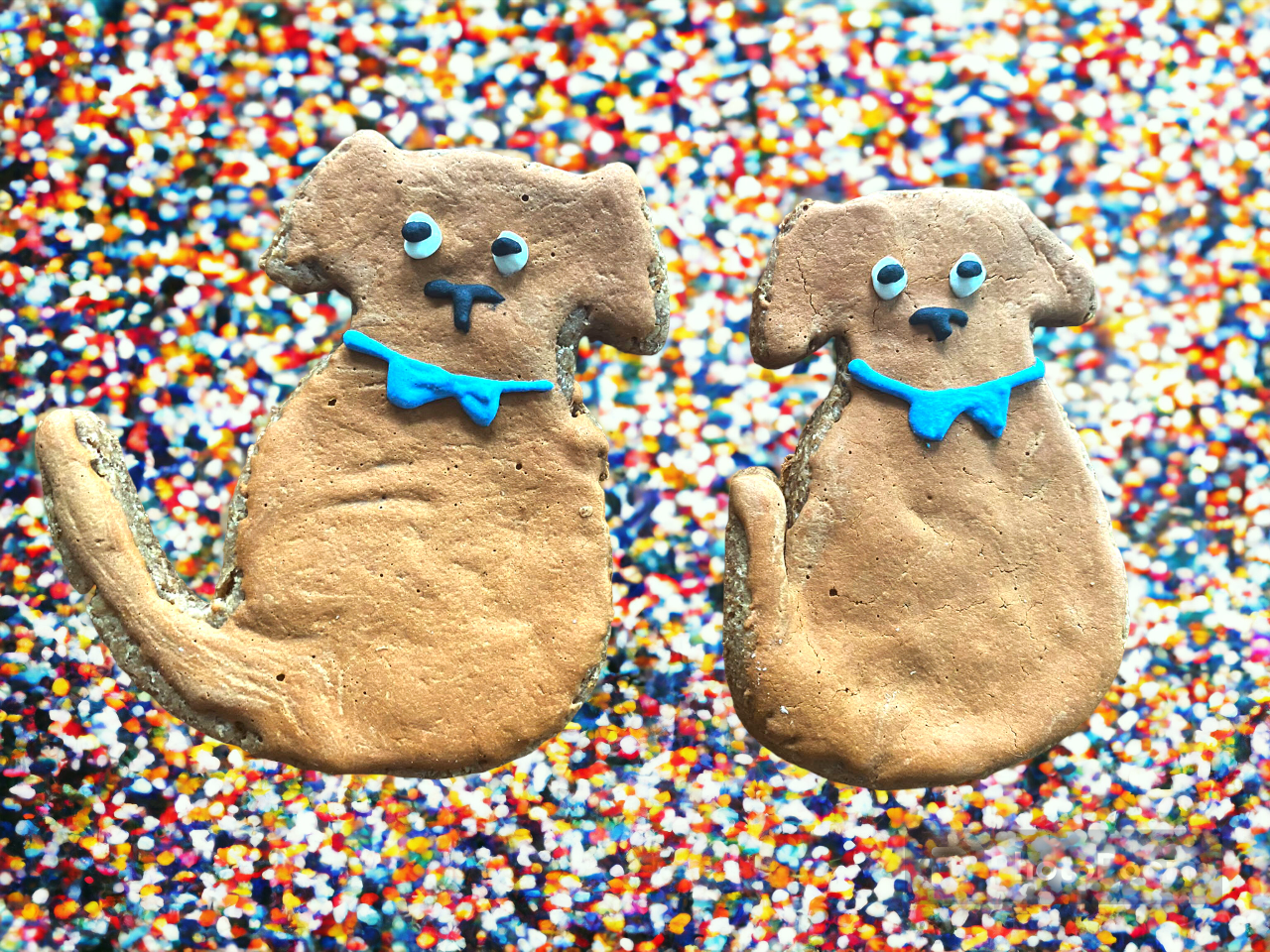 Two dog-shaped cookies with blue collars on a colorful sprinkles background