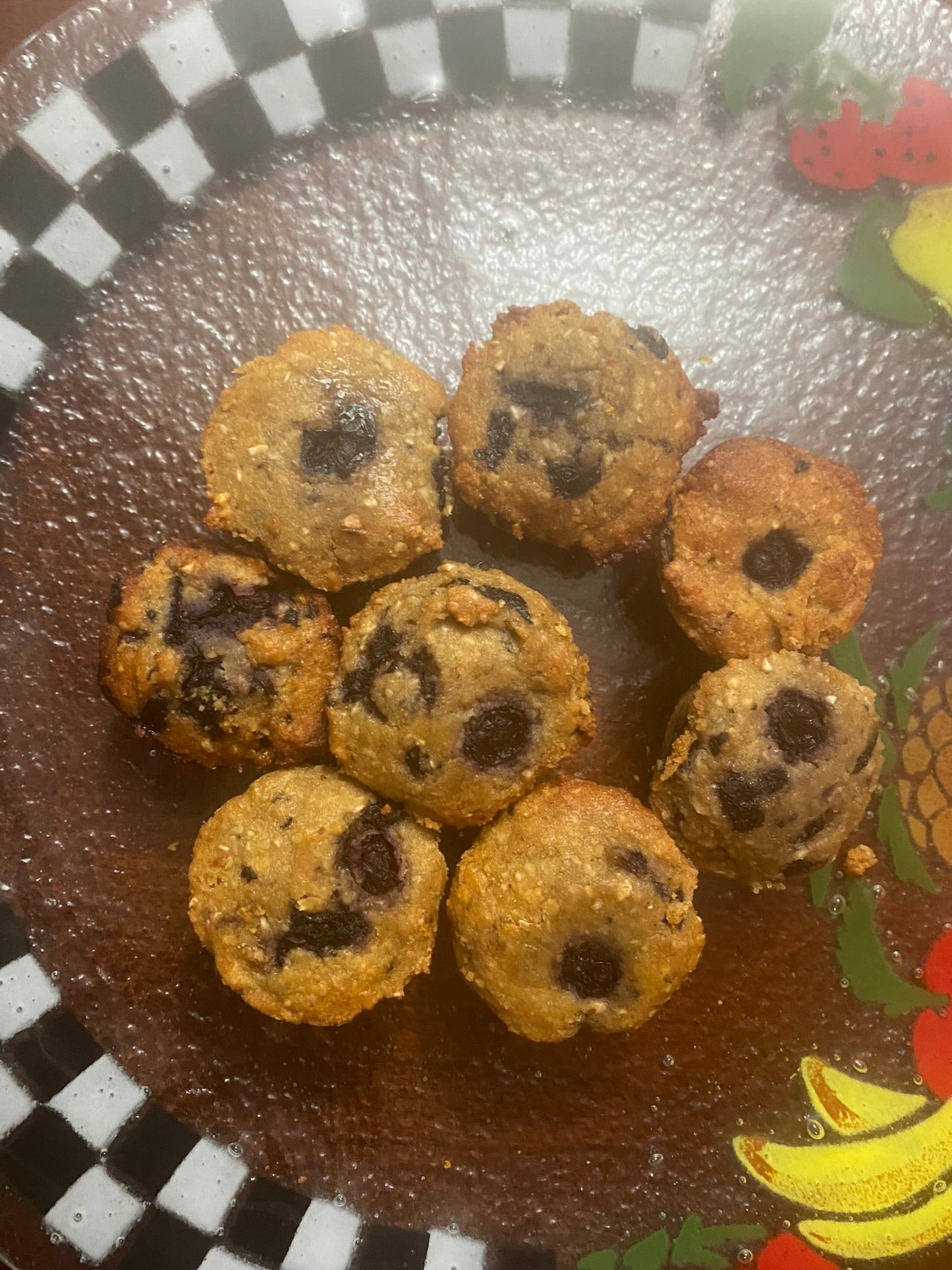 Baked goods with chocolate chips on a decorative plate