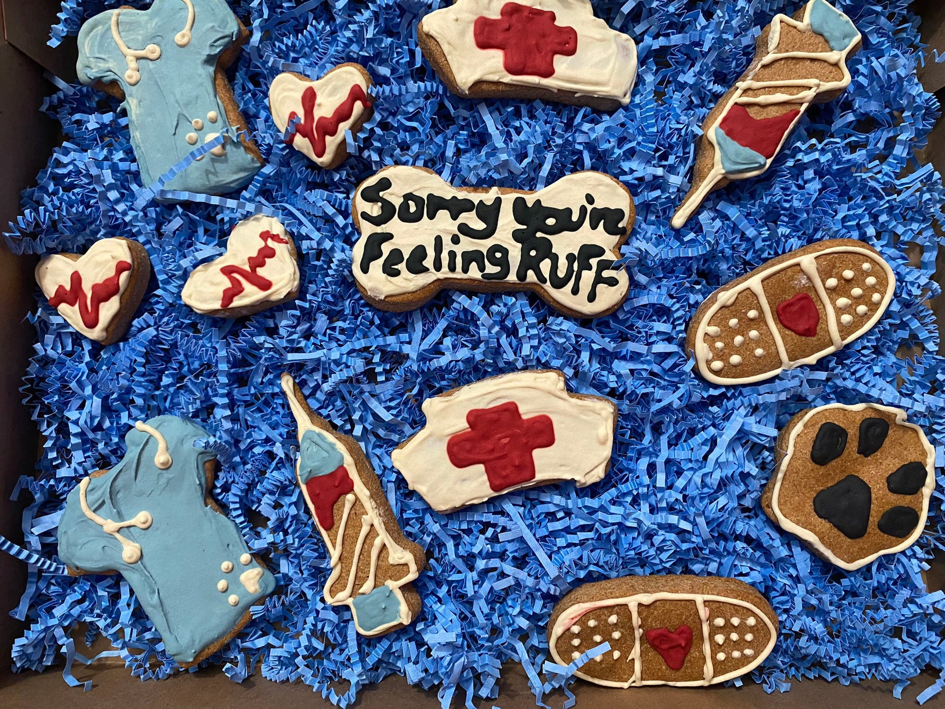 Decorative cookies shaped like medical supplies and animals on blue shredded paper