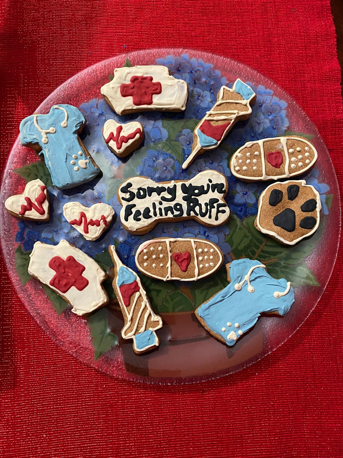Decorative plate with cookie-shaped pet care items on a red background
