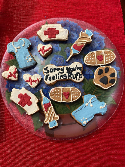 Decorative plate with cookie-shaped pet care items on a red background