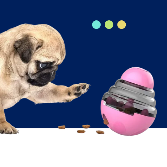 Dog interacting with a pink and gray treat dispenser on a blue background