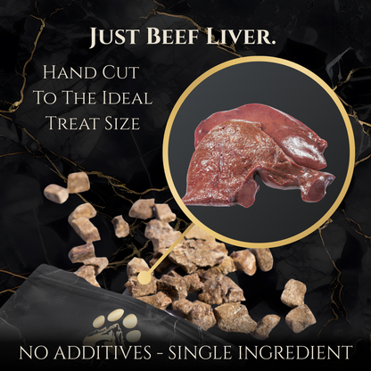 Beef liver treats with text highlighting no additives and single ingredient.