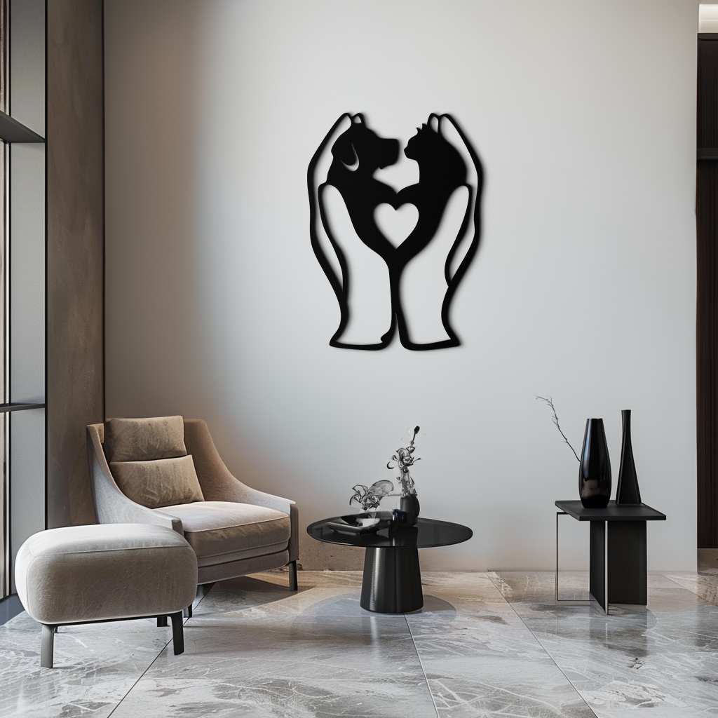 Modern living room with a decorative wall art of two cats holding a heart.