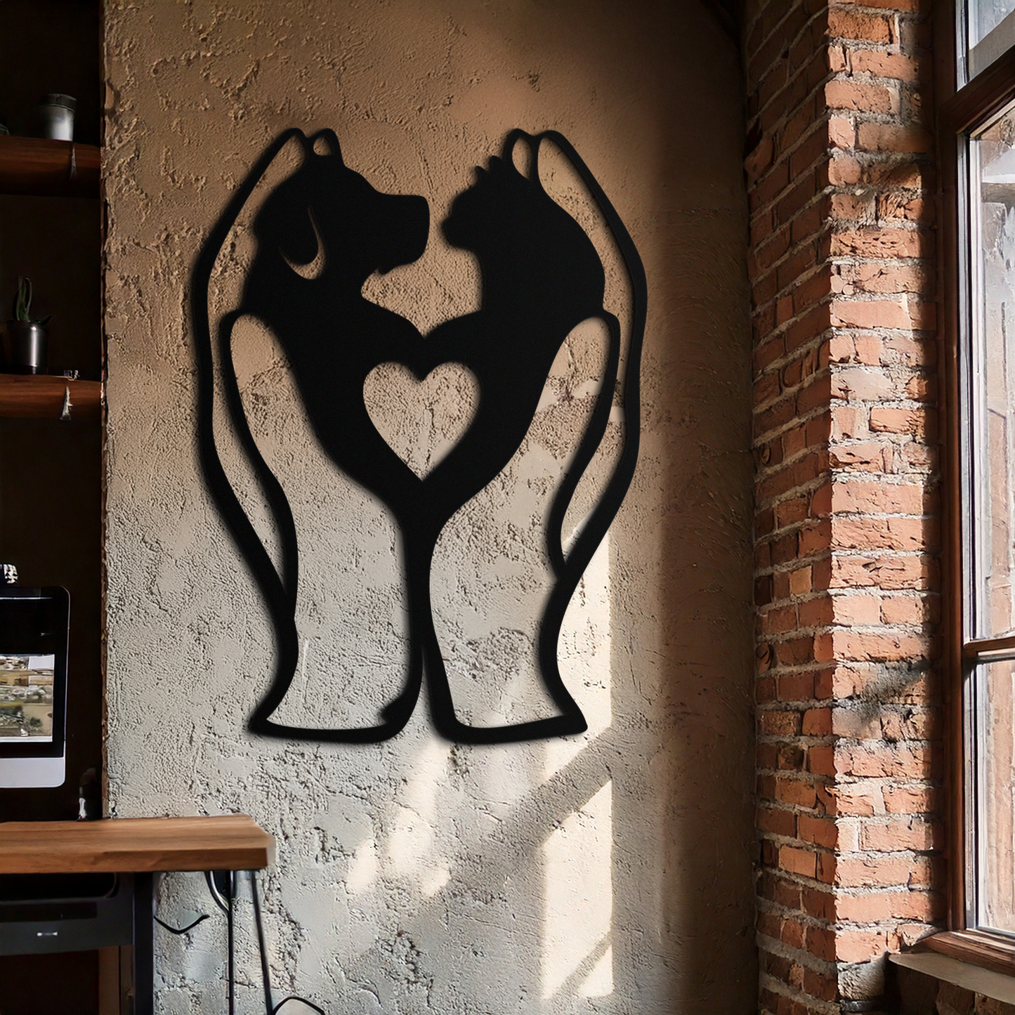 Black silhouette of a dog and cat holding a heart shape on a textured wall.