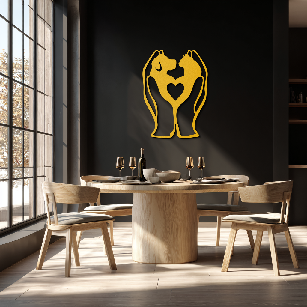 Dining room with wooden table and chairs, large window, and decorative wall art.