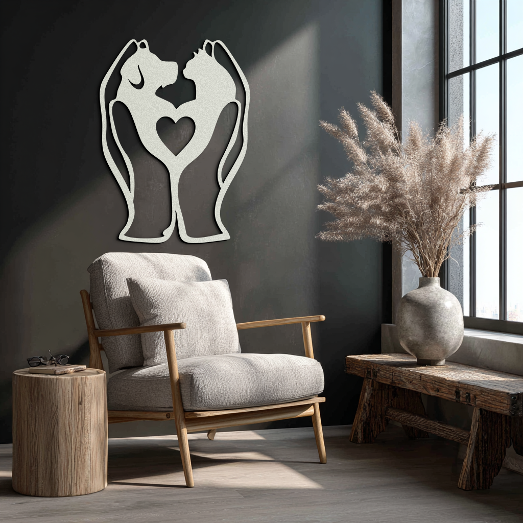 Modern interior with a gray armchair, wooden side table, and decorative wall art.
