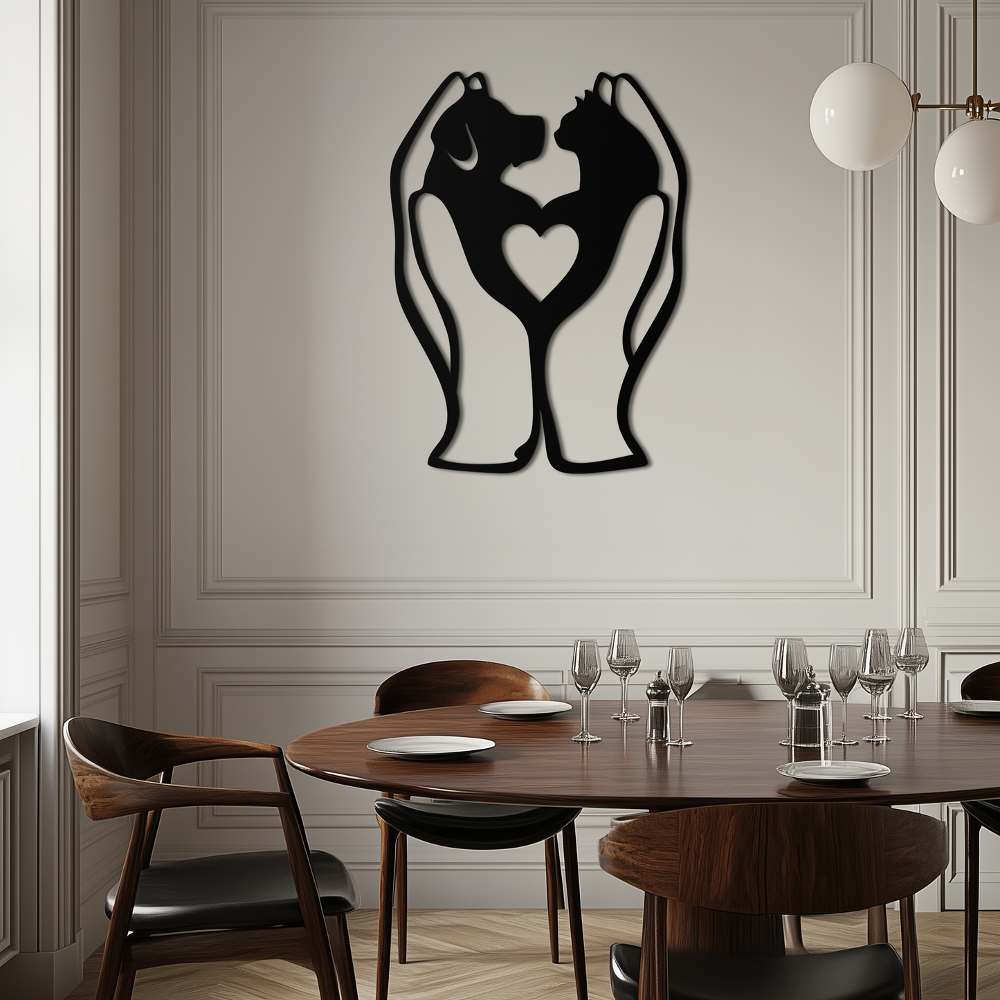 Dining room with a wall decal of a dog and cat holding a heart.