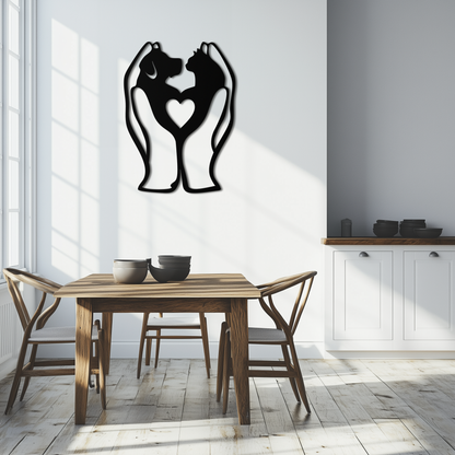 Decorative wall art of two hands holding a heart above a dining table with chairs.