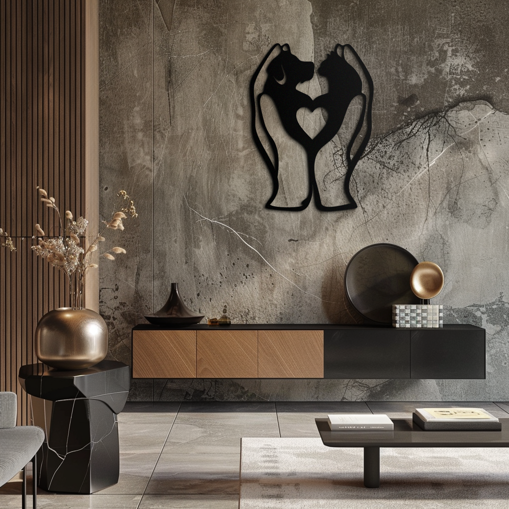 Modern living room with decorative wall art of two bears holding a heart.