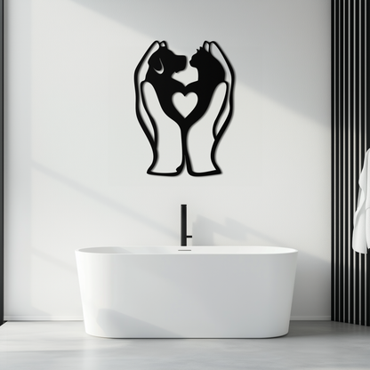 Decorative wall art of two hands holding a heart above a bathtub.