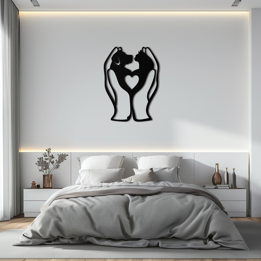 Decorative wall art of two hands holding a heart above a bed in a modern bedroom.