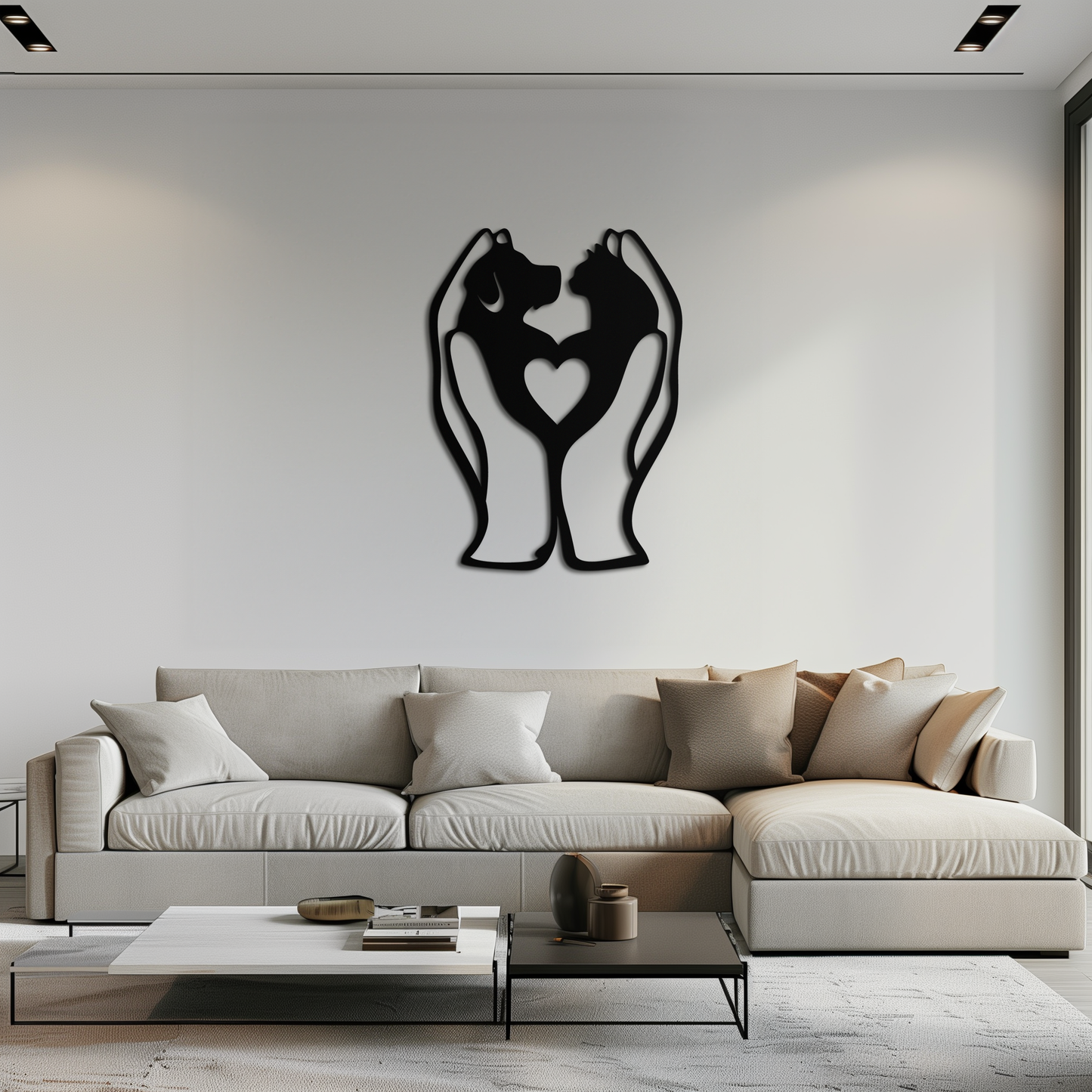 Modern living room with a decorative wall art of two hands holding a heart above a sofa.