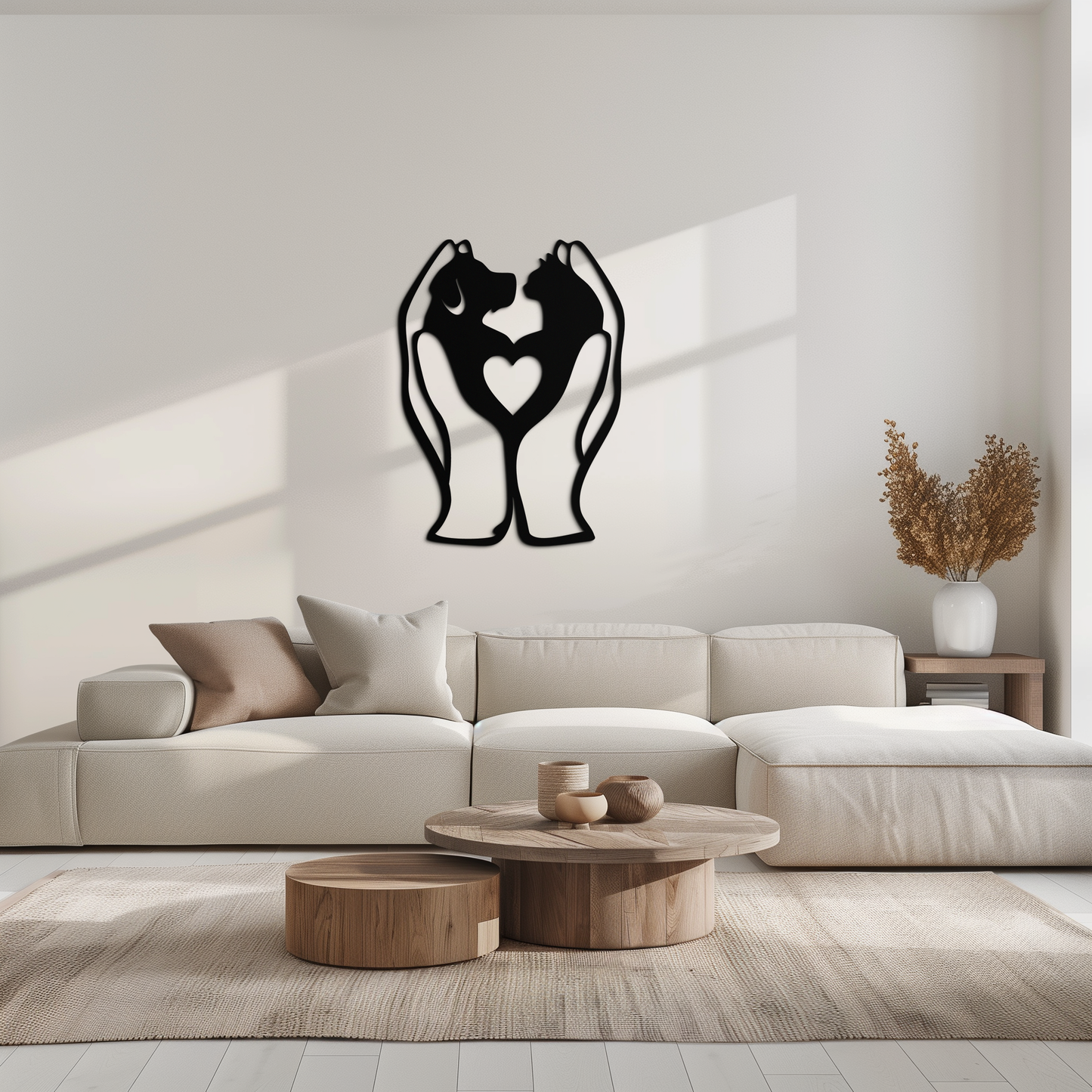 Modern living room with a decorative wall art of two cats holding a heart.