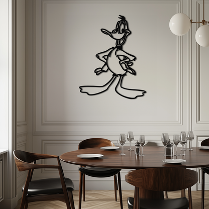 Dining room with a stylized duck wall art on a white wall.