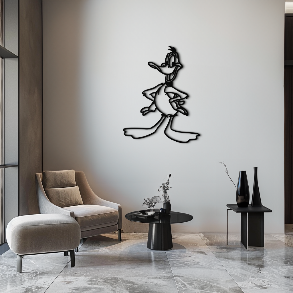 Modern interior with a wall sculpture of a stylized character, a chair, and tables.