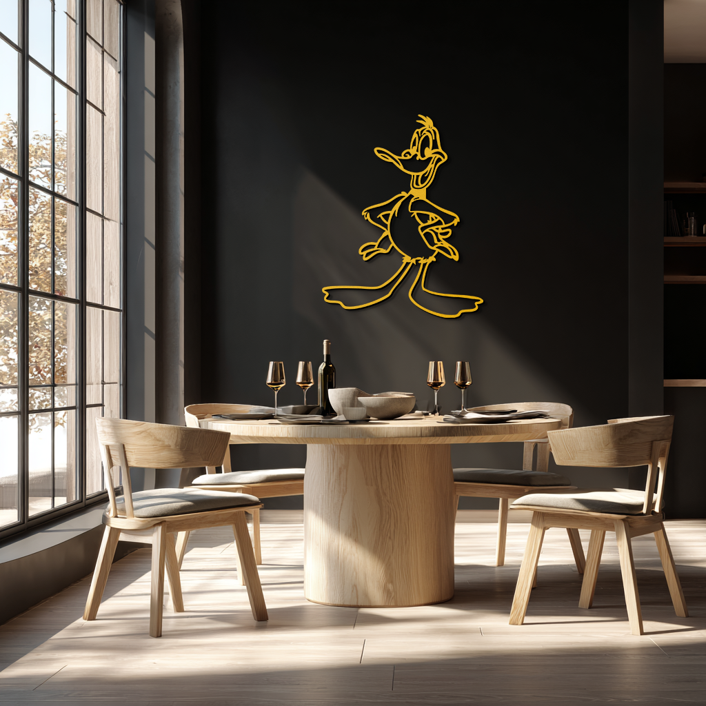 Dining room with wooden table and chairs, large window, and cartoon character wall art.