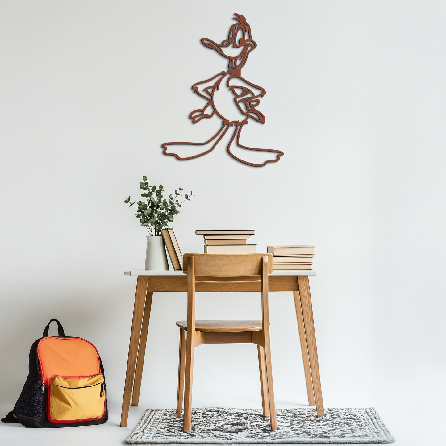 Wooden chair and table set with a metal wall art of a running character on a white wall.