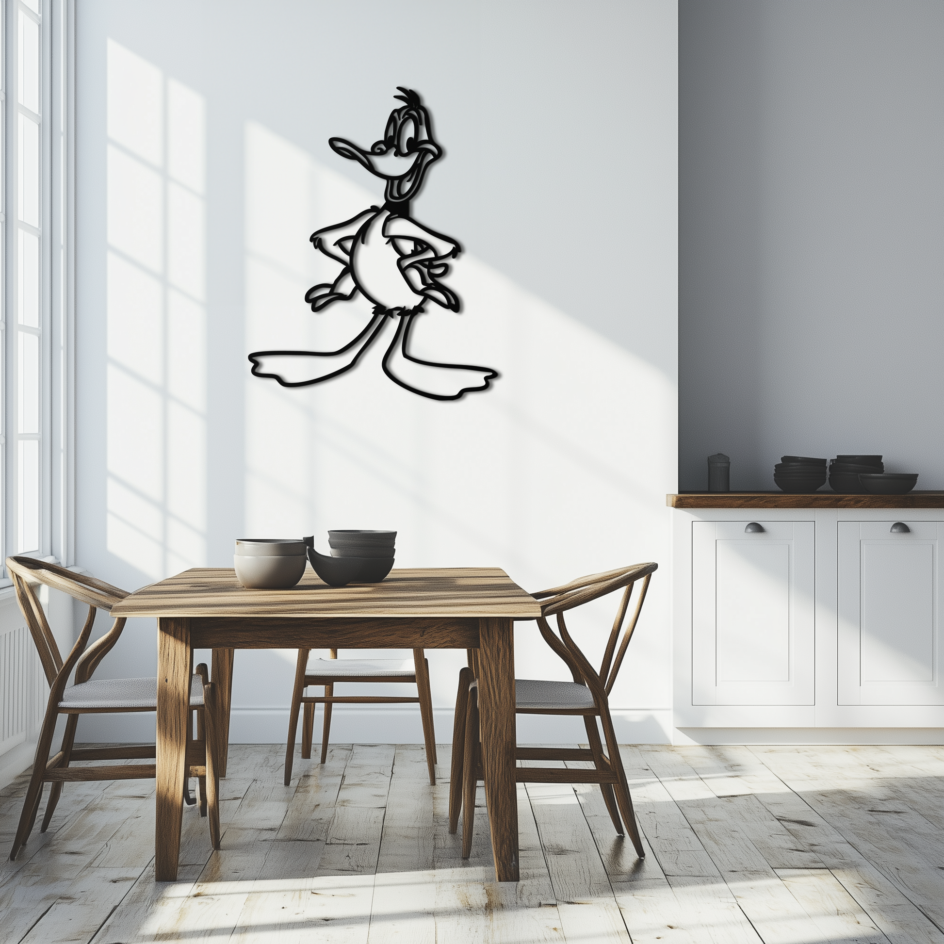 Dining room with wooden table and chairs, featuring a cartoon character wall decal.
