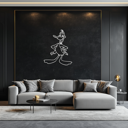 Modern living room with a gray sectional sofa, coffee table, and decorative items against a black wall with a white line drawing.