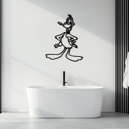 Black metal wall art of a stylized character above a white freestanding bathtub in a modern bathroom.