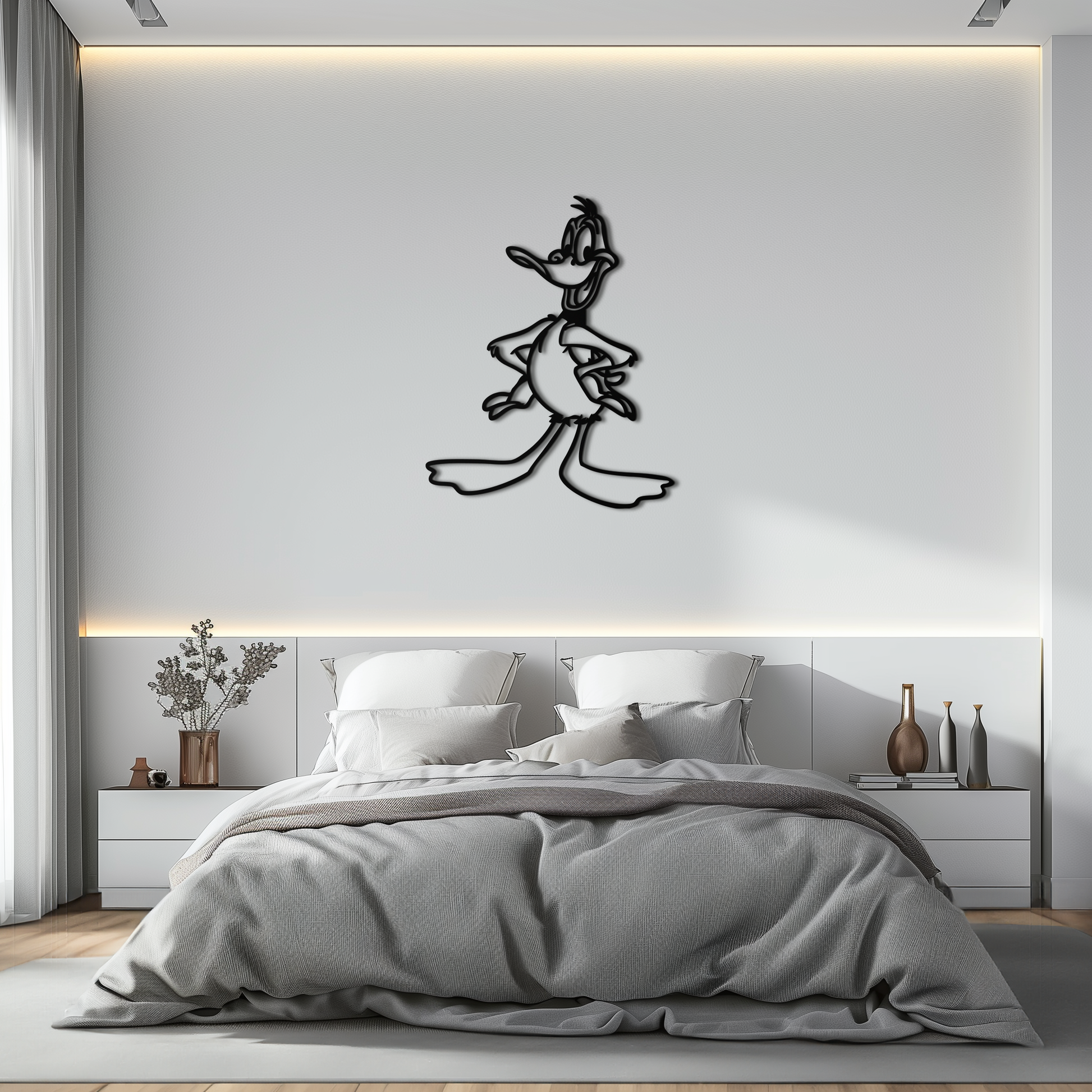 Bedroom with a cartoon character wall decal above the bed
