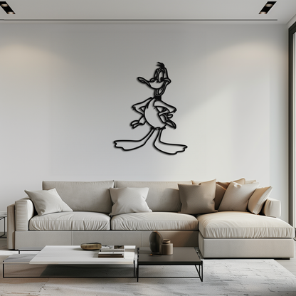 Modern living room with a white sofa and wall decal of a stylized character.