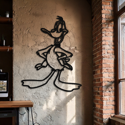 Metal wall art of a cartoon character on a textured wall with brick accents.