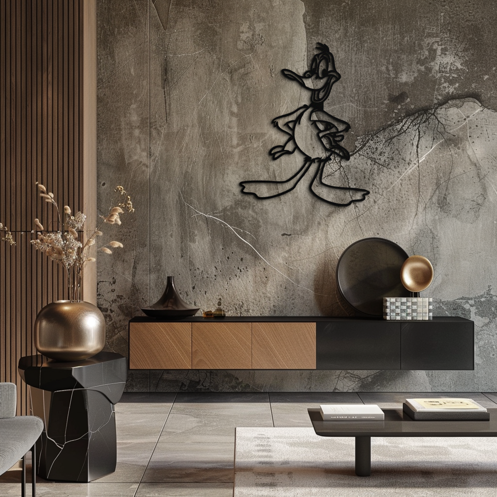 Modern living room with decorative wall art and furniture.