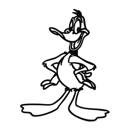 Black and white line drawing of a cartoon character on a white background