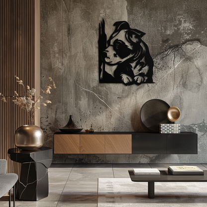 Cute Puppy Peeking Silhouette Metal Wall Art – Adorable Dog Decor for Pet Lovers- KAF685