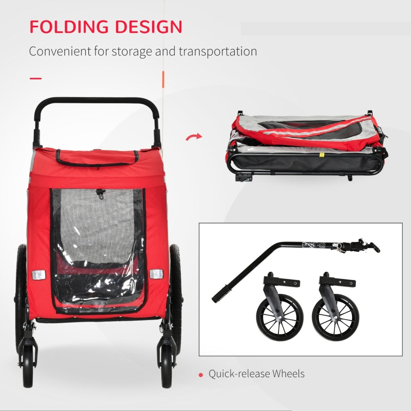 Red pet stroller with folding design, quick-release wheels, and storage bag on a white background.
