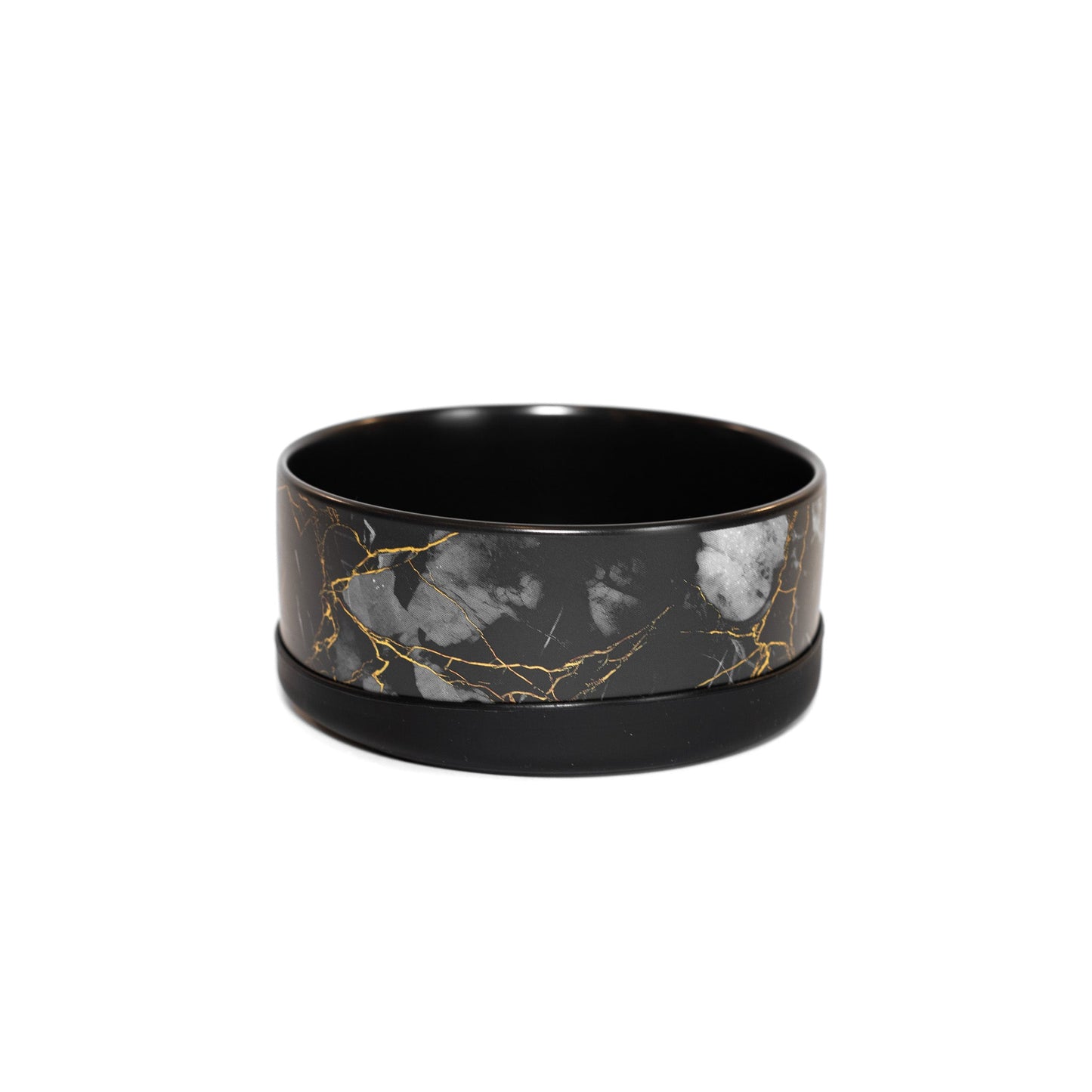 Black ceramic bowl with marble pattern on a white background