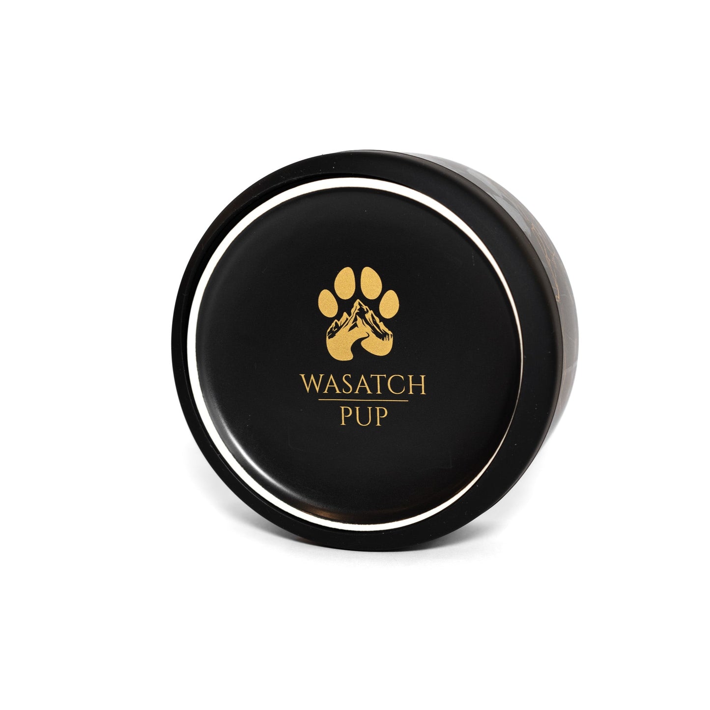 Black container with gold paw print logo and 'Wasatch Pup' text on a white background