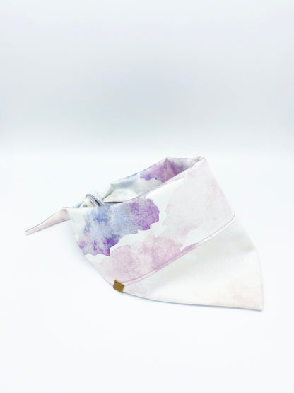White bandana with purple and pink watercolor pattern on a white background