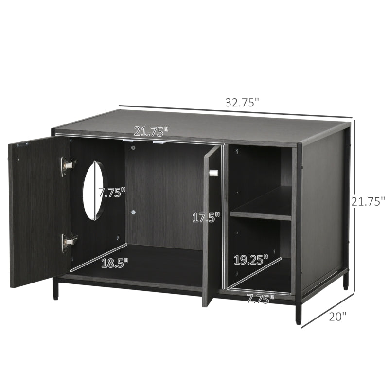 Black metal cabinet with dimensions labeled on a white background