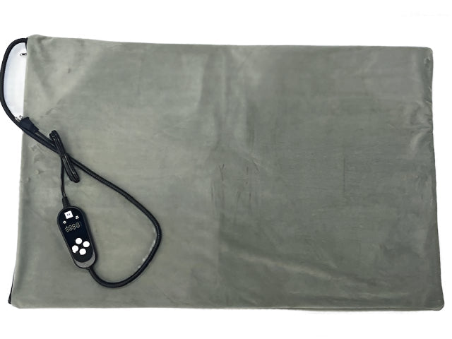 Gray heating pad with a control panel on a white background