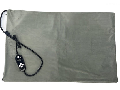 Gray heating pad with a control panel on a white background