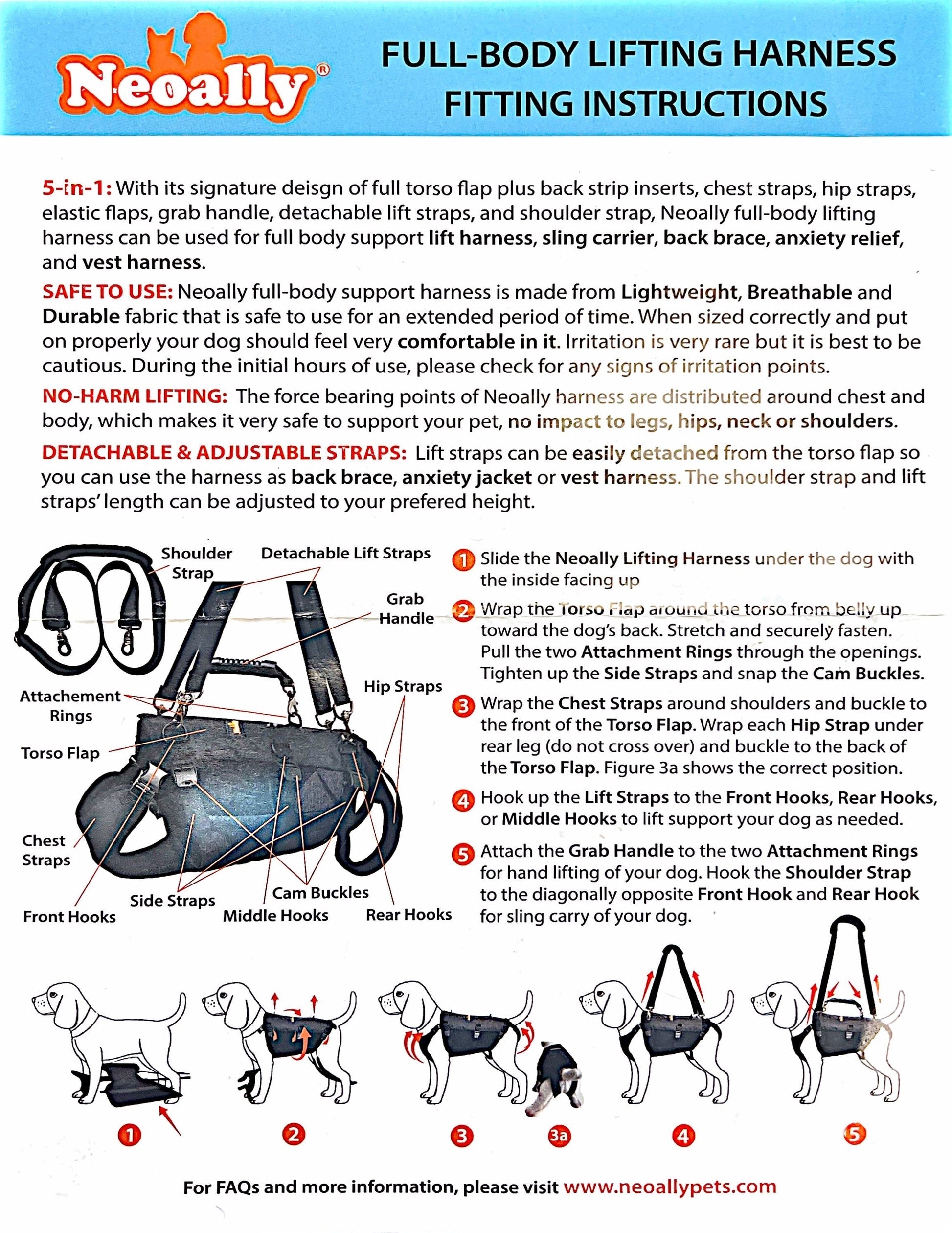 Full-body lifting harness fitting instructions by Neoally with diagram and text.
