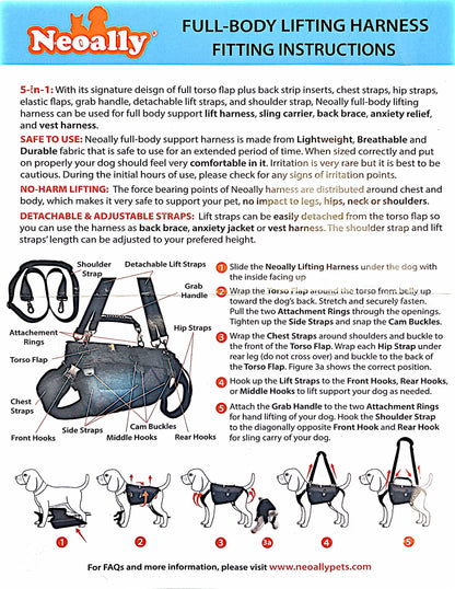 Full-body lifting harness fitting instructions by Neoally with diagram and text.