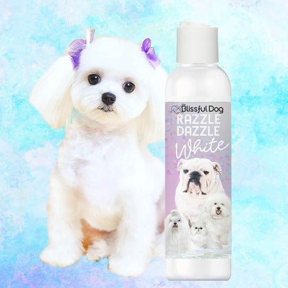 Dog with a bottle of 'Blissful Dog Razzle Dazzle White' shampoo against a colorful background