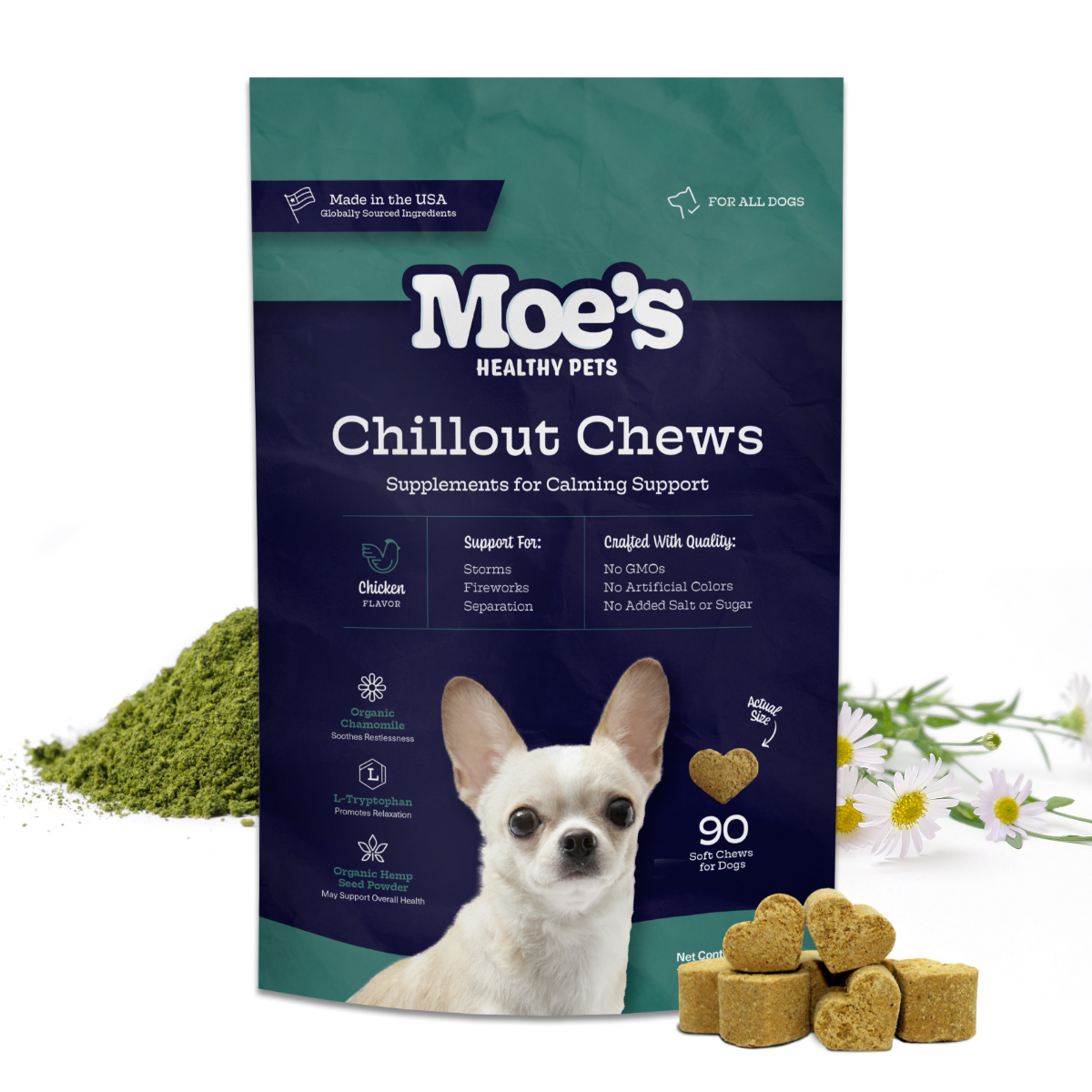 Moe's Healthy Pets Chillout Chews packaging with a dog and treats on a white background