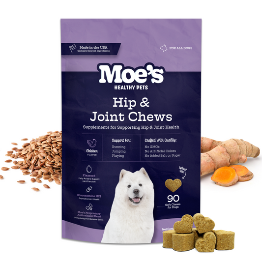 Moe's Healthy Pets Hip & Joint Chews packaging with ingredients and treats on a white background