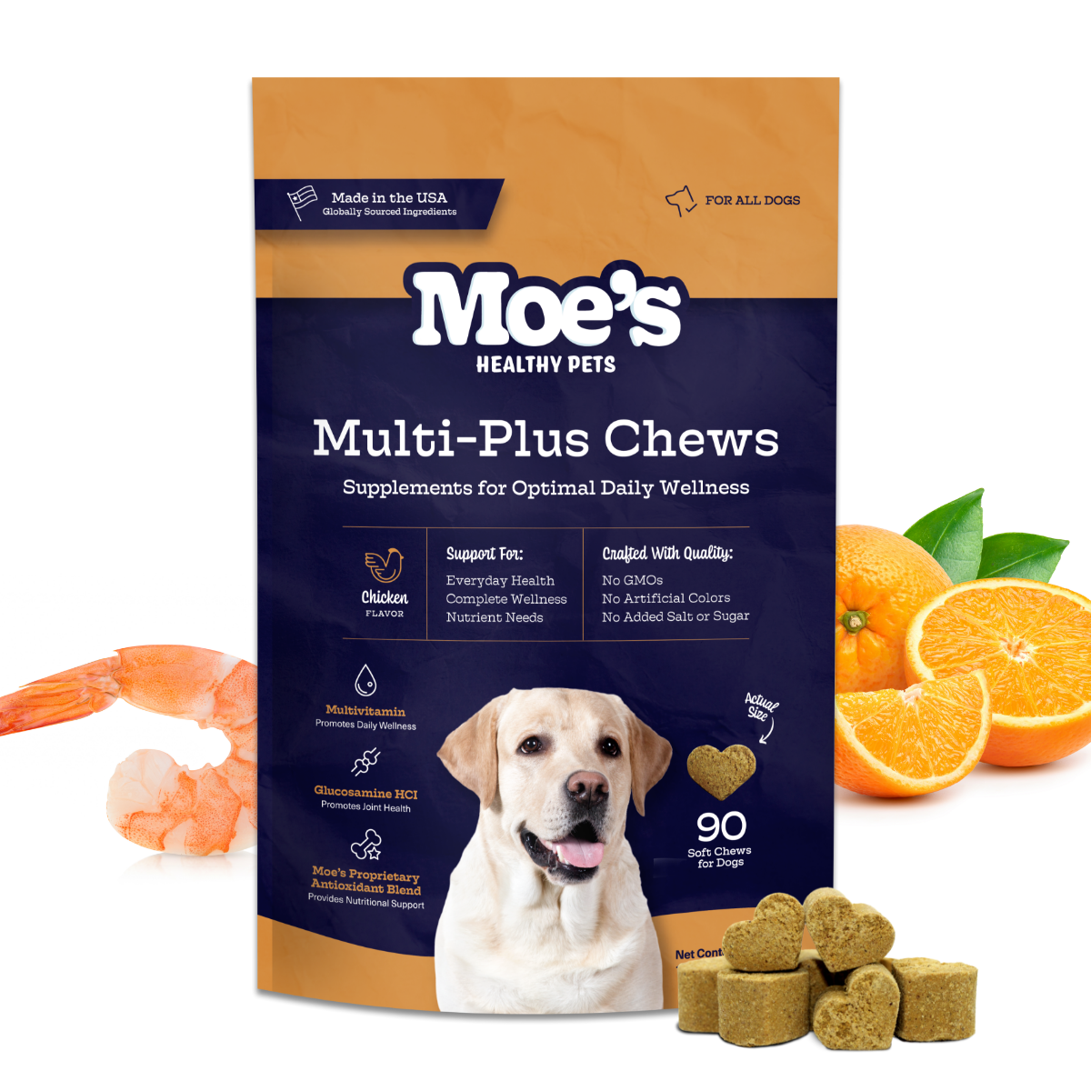 Moe's Healthy Pets Multi-Plus Chews packaging with a dog and oranges on a white background